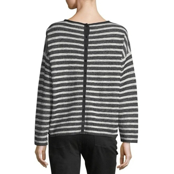 Eileen Fisher Terry Linen Blend Striped Button Back Oversized Pullover - Picture 2 of 7